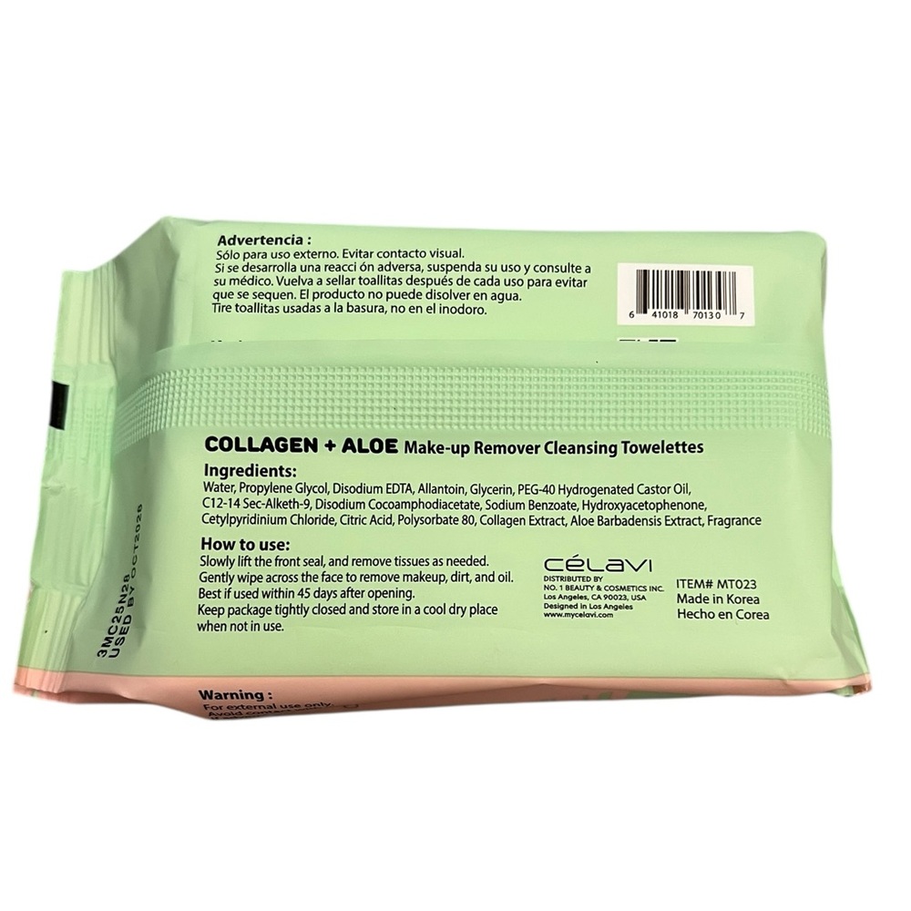 Celavi Collagen Aloe Korean Makeup Remover Cleansing Wipes Removing 30 Towelette - Picture 2 of 3